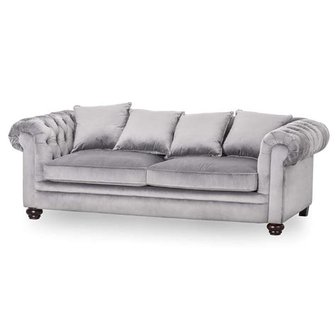 Grey Velvet Large Chesterfield Three Seater Sofa Grey Velvet Sofa