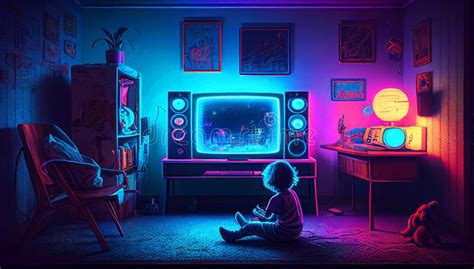 A Boy Is Playing Games On Tv In The Dark Room With Neon Lights Stock