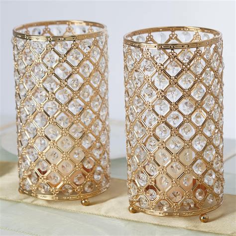 2 Pack 9 Tall Metallic Gold Crystal Beaded Pillar Votive Candle