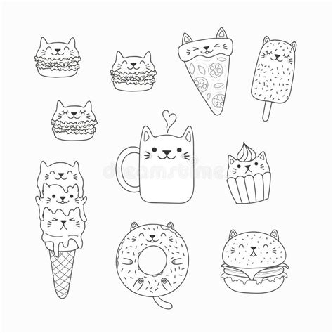 Kawaii Cats Food Coloring Pages Stock Vector Illustration Of Book