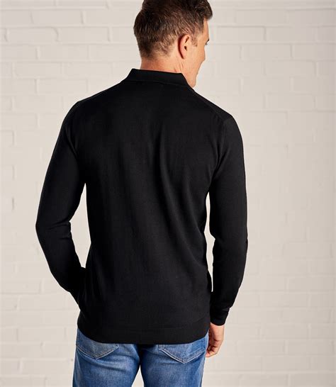 Black Mens Luxurious Merino Long Sleeve Polo Shirt Woolovers Au
