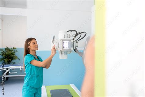 Hospital Radiology Room Man Standing Topless Next To X Ray Machine