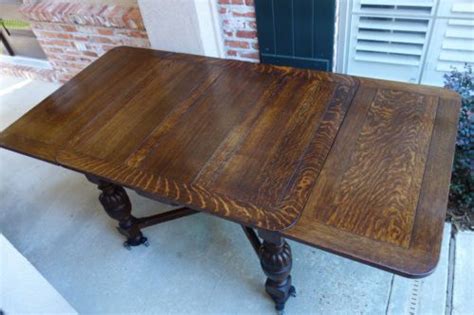 Large Antique English Carved Tiger Oak Draw Leaf Dining Table Jacobean