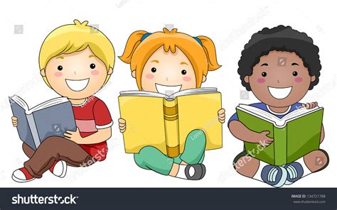 Illustration Happy Children Sitting While Reading Stock Vector