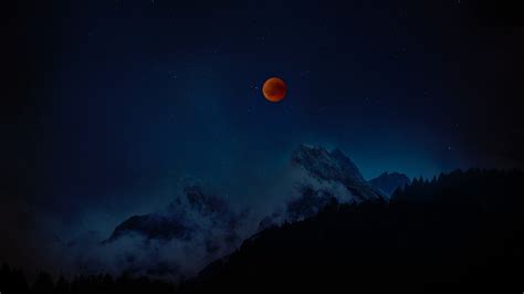 Full Moon Red Moon Starry Sky Mountains Night 4k Starry Sky Red