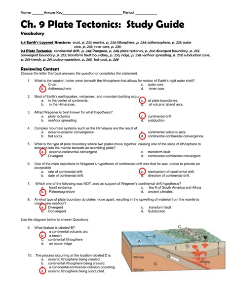 Plate tectonics study guide and practice this worksheet helps student's this trench was formed at a ____ boundary, where one tectonic plate was subducted beneath the other. Ch 9 study guide answer key