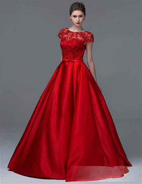 2015 New Design Red Satin Ball Gown Evening Dress Prom Dress With Short Sleeves Vestidos De