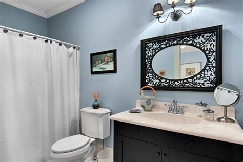 Black And White Floor In Bathroom With Grey And Blue Accents Navy