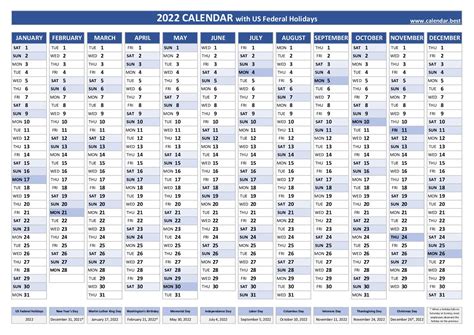 2022 Calendar With Holidays Us Federal Holidays