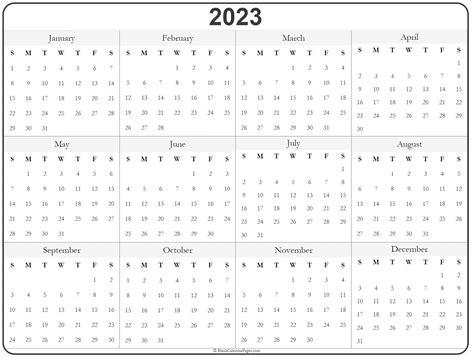 Yearly Calendar 2023 Printable Printable Word Searches
