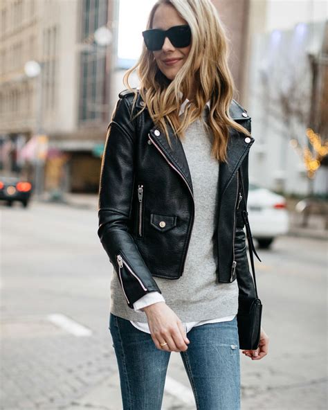Fall Outfit Winter Outfit Black Leather Jacket Grey Sweater White