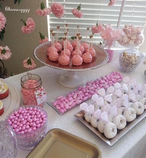 Pink Gold Floral Bridal Shower Dessert Table Carnation Backdrop Diamond Ring Donuts Cake Pops J