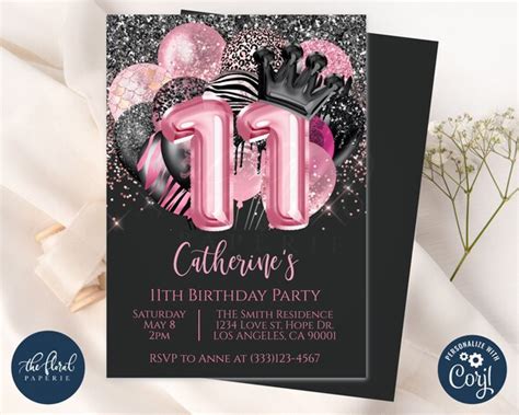 11th Birthday Invitation Template Editable Black And Pink Etsy