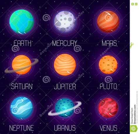 Vector Set Of Solar System Planets In Cartoon Style Outer