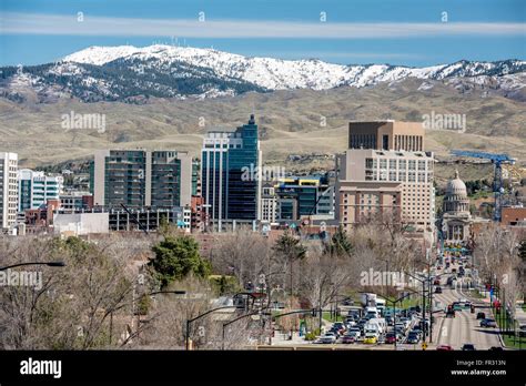 View Of Downtown Boise Idaho With Snow In The Mountains Stock Photo Alamy