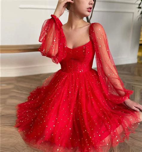 red tulle short prom dress with long sleeve cocktail dress · little cute · online store powered