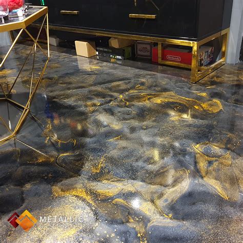 Our kits include primer coat, metallic 100% solids epoxy color basecoat, effects color, and an optional clear coat (uv resistant urethane or 100% solids epoxy.) An elegant black and orange gold flooring design combination turning this private den into one ...