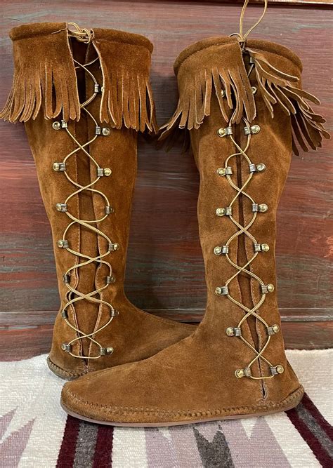 Vintage Mens Suede Fringe Moccasins Tall Lace Up Boots Size Etsy In