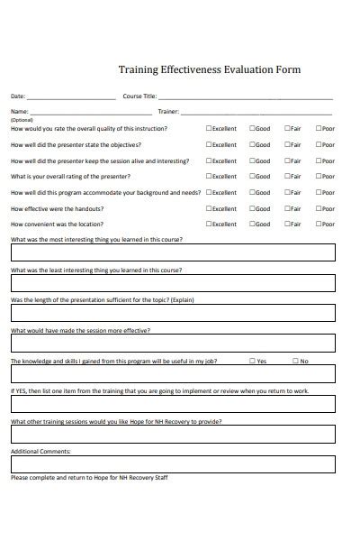 training evaluation forms   ms word