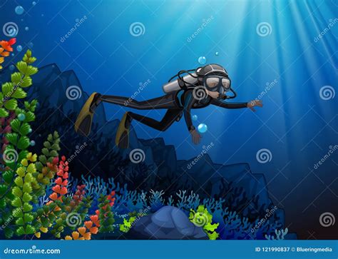 Scuba Diver In A Reef Stock Vector Illustration Of Diving 121990837