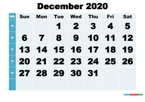 Free Printable December 2020 Calendar Word Pdf Image