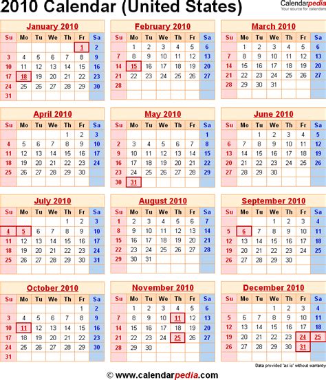 2010 Calendar For The Usa With Us Federal Holidays