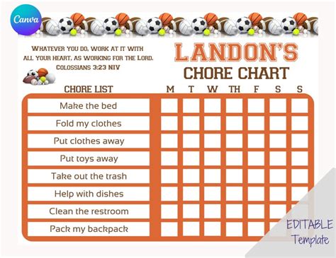 Christian Chore Chart Chore Chart Sports Chore Chart Etsy