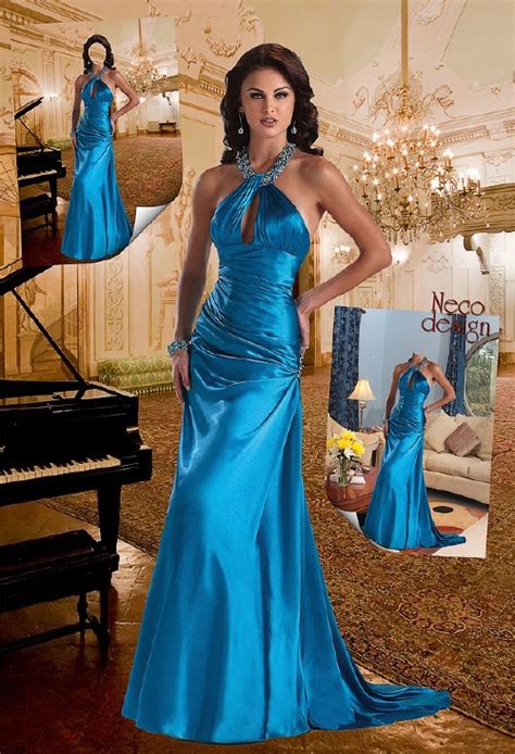 Женский шаблон В синем вечернем платье с роялем и в гостиной