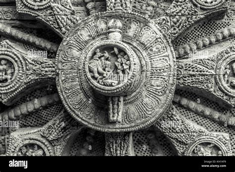 Close Up Of Intricate Carvings On A Stone Wheel In The Ancient Hindu
