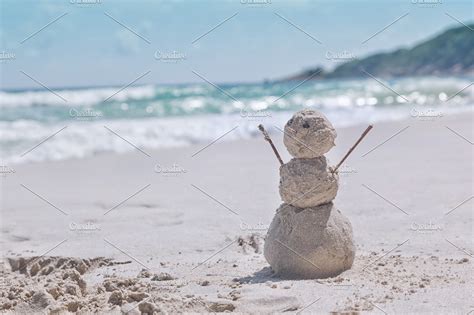 Snowman On The Tropical Beach High Quality Holiday Stock Photos