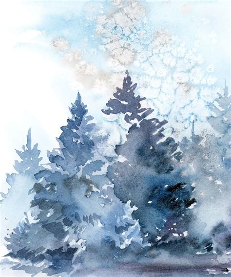 Blue Pine Trees Christmas Artwork Original Watercolor Etsy