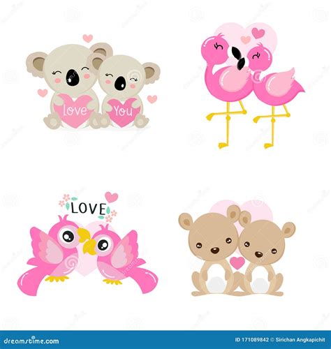 Cute Animals Couples In Love Collection Stock Illustration
