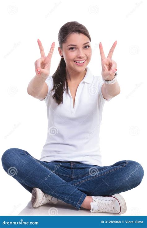 Casual Woman Sits And Victory Royalty Free Stock Photos Image 31289068