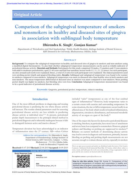 Pdf Comparison Of The Subgingival Temperature Of Smokers And