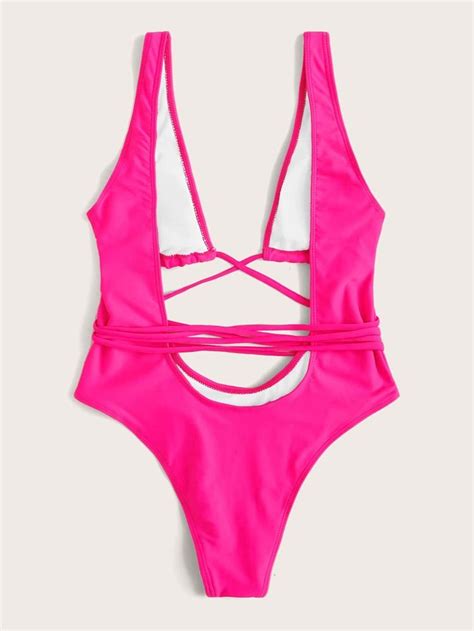 Neon Pink Tie Front One Piece Swimsuit Shein Usa Swimwear One