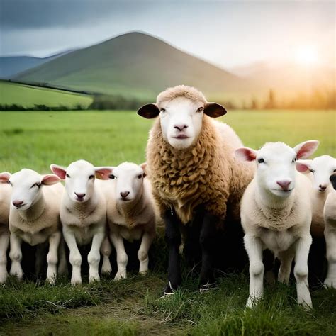 Premium Ai Image A Herd Of Sheep With A Lamb In The Front Of Them