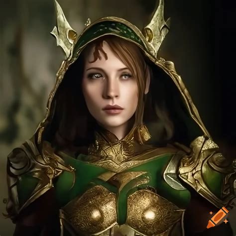 beautiful and gorgeous woman full body elf warrior in golden armor small ears dressed in
