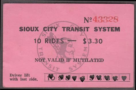 Sioux City Transit System 10 Ride Ticket Pass Undated Ca 1960s Punched