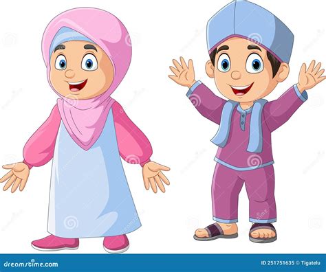 Joyeux Dessin Animé Garçon Et Fille Musulmane Illustration De Vecteur
