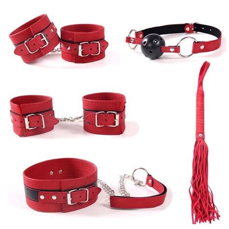 Fetish 6pcs Red Adult Game Leather Handcuffs Adult Sex Toys For Couples