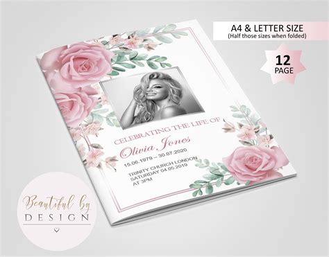 12 Page Pink Flowers Funeral Program Template Celebration Of Etsy