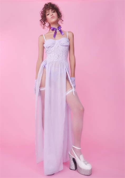 Sugar Thrillz Lace Bustier Sheer Lingerie Maxi Dress Lilac Dolls Kill