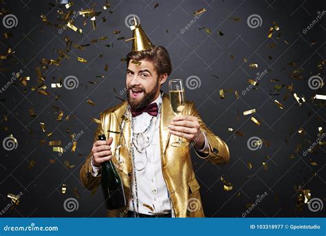 Man Celebrating New Year S Eve Stock Image Image Of Champagne