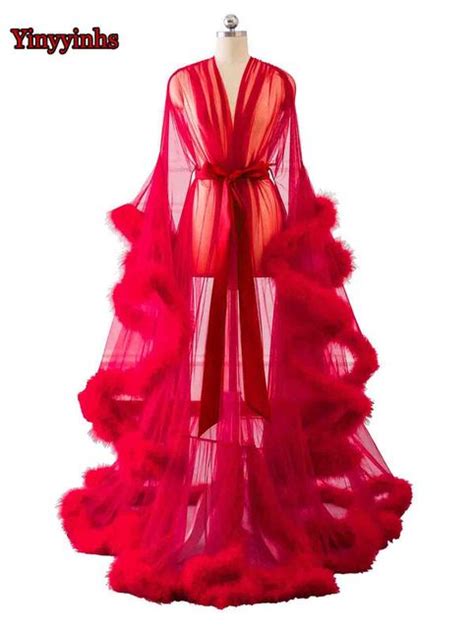 bridal boudoir robe red feather trim bridal sheer robe tulle illusion long birthday feather robe