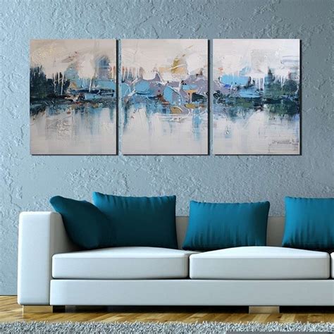 Modern Abstract Oil Painting Blue Villages 3 Piece