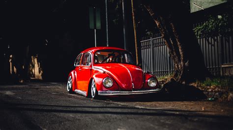 Wallpaper Night Red Volkswagen Beetle Vintage Car Classic