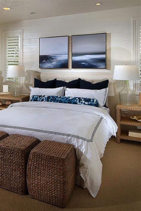 To mimic this airy and inviting space, decorate with soothing hues, seaside accessories, like beach glass and seashells, and seagrass furnishings. coastal, blue navy bedroom, ocean themed, nautical, wall ...