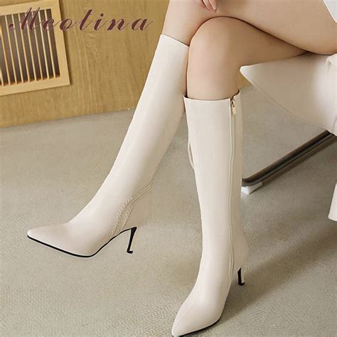 Meotina Women Pu Leather Knee High Boots Pointed Toe Zipper Shoes Thin High Heel Ladies Boots