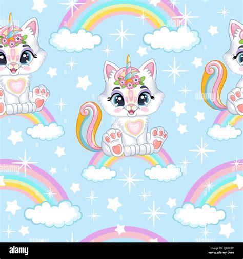 Seamless Pattern Cute Kitty Unicorn On A Rainbow Cartoon Vector