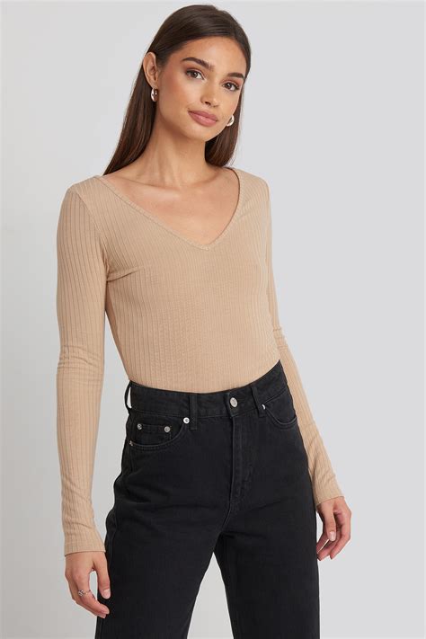 Ribbed Long Sleeve V Neck Top Beżowy Na